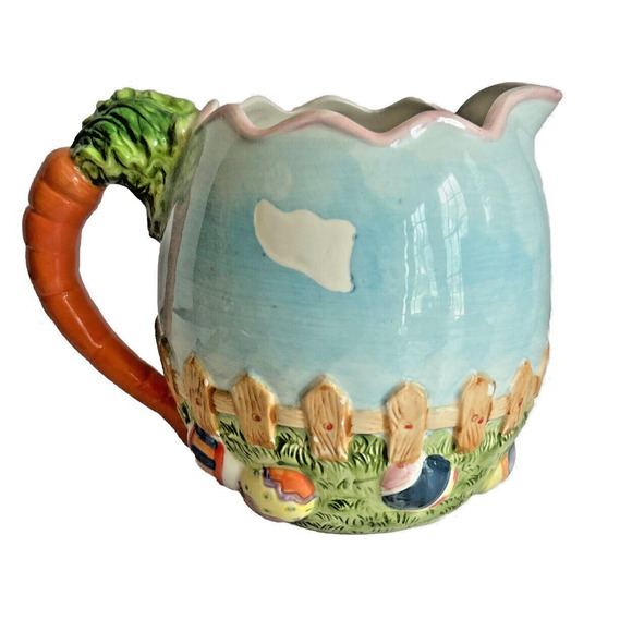 GKA Collector's Pitcher Rabbit Couple Easter Egg Hunt w Carrot Handle 6.5" - Picture 3 of 9